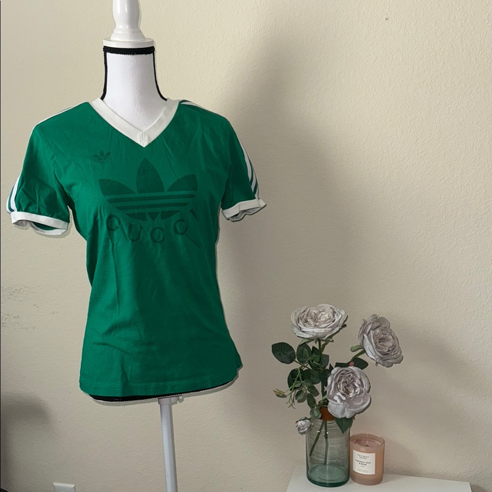Gucci Adidas Women's Green V-Neck Shirt